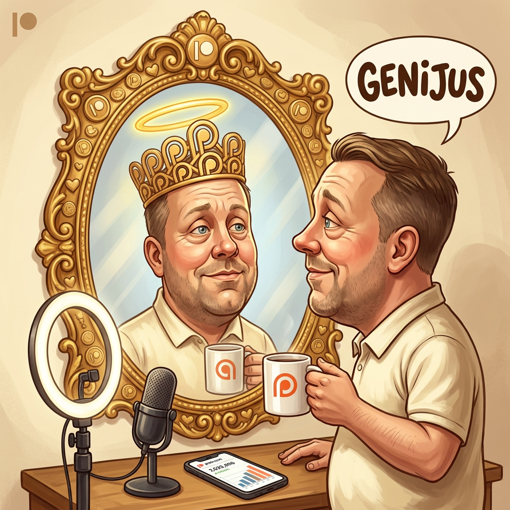 Karikatūra: Lėkštutis prieš puošnų auksinį veidrodį žiūri į savo atvaizdą su aureole ir karūna, abu laiko Patreon puodelius, ant stalo – mikrofonas, ring light ir telefonas su Patreon statistika, kalbos burbulas: „GENIJUS“