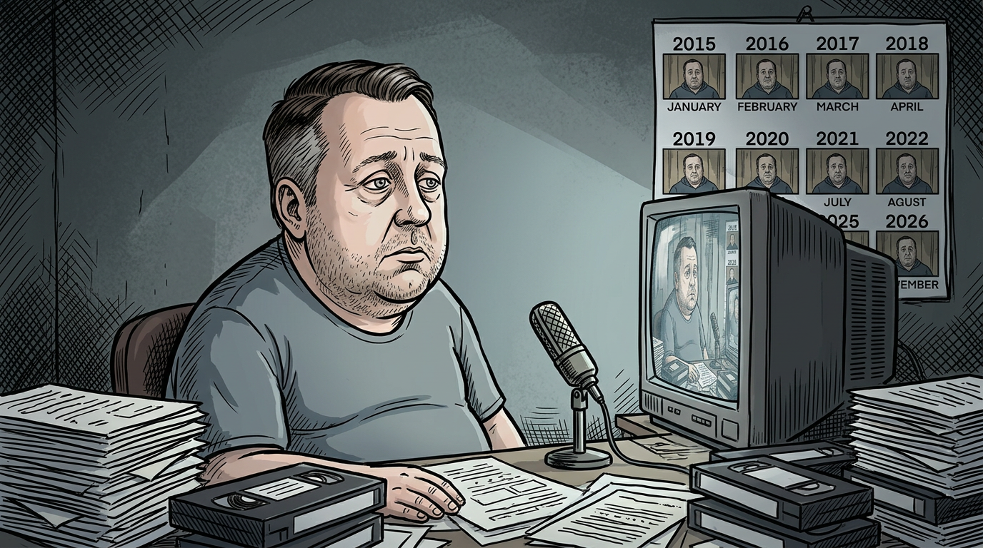 Karikatūra: Lėkštutis sėdi prie seno kompiuterio, apsuptas popierių krūvomis su užrašu „LIETUVA BLOGA“ ir „AŠ GERAS“, ant sienos kalendoriai nuo 2015 iki 2026, ekrane atidarytas tas pats vaizdo įrašas dešimt kartų