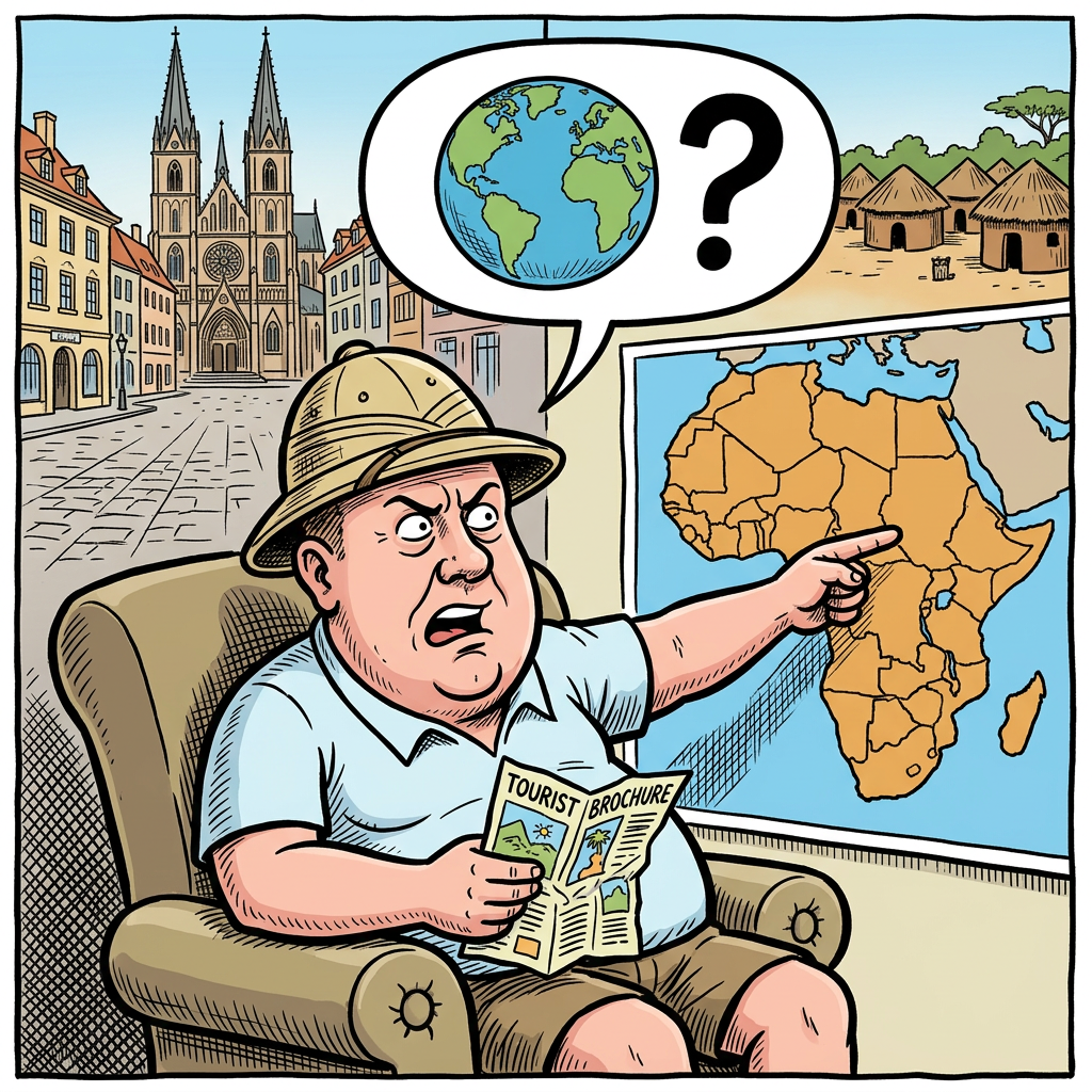 Karikatūra: Lėkštutis su safario šalmu sėdi fotelyje, laiko turistinį bukletą ir piktai bado pirštu į Afrikos žemėlapį, fone – Europos senamiestis ir kaimo trobelės