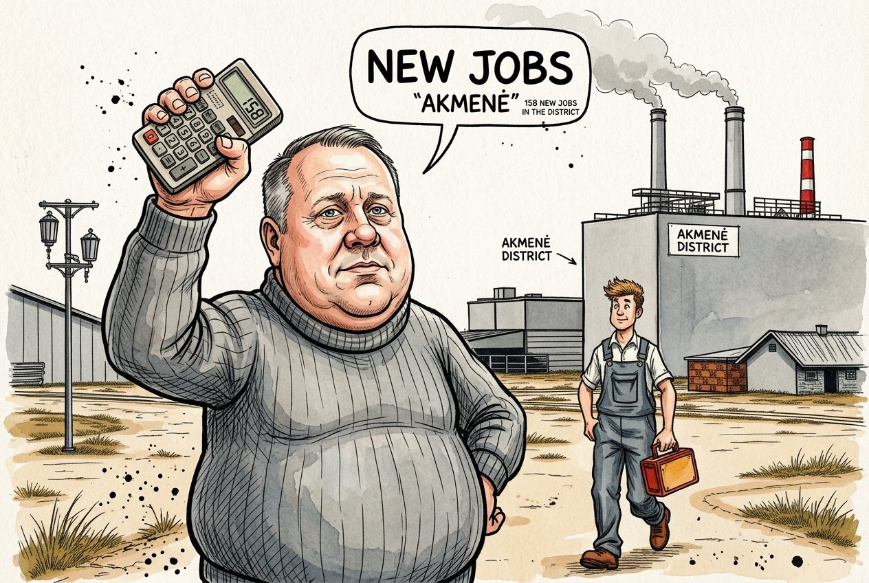 Karikatūra: Lėkštutis grūmoja kumščiu naujos gamyklos fone Akmenėje