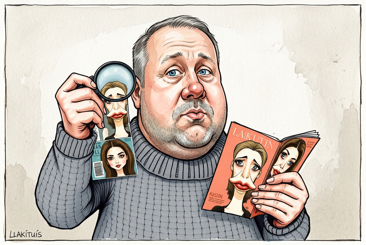 Karikatūra: Lėkštutis didinamuoju stiklu žiūri į žurnalą su išpurtusiomis lūpomis