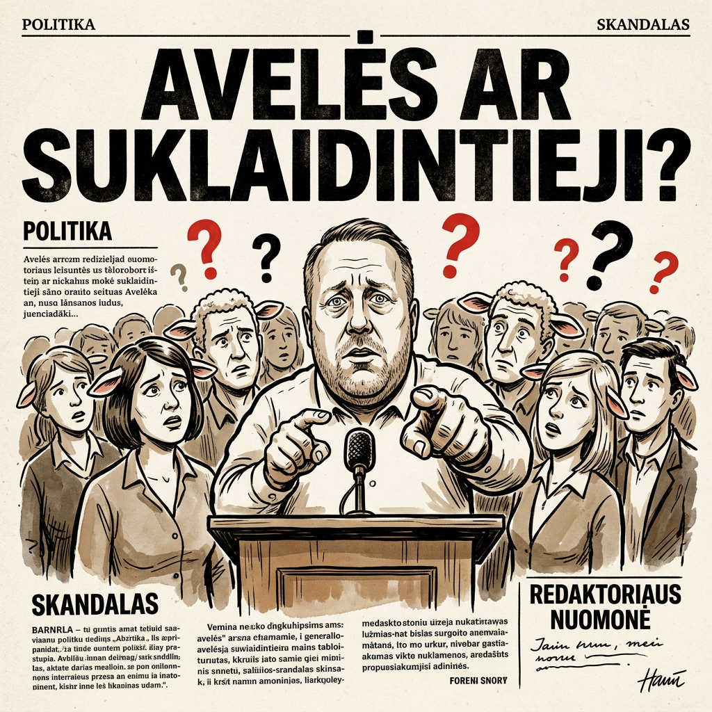 Karikatūra: Lėkštutis nuo tribūnos baksnoja pirštu į publiką, kurios pusė bando paslėpti avelės ausis, kita pusė – su klaustukais virš galvų.