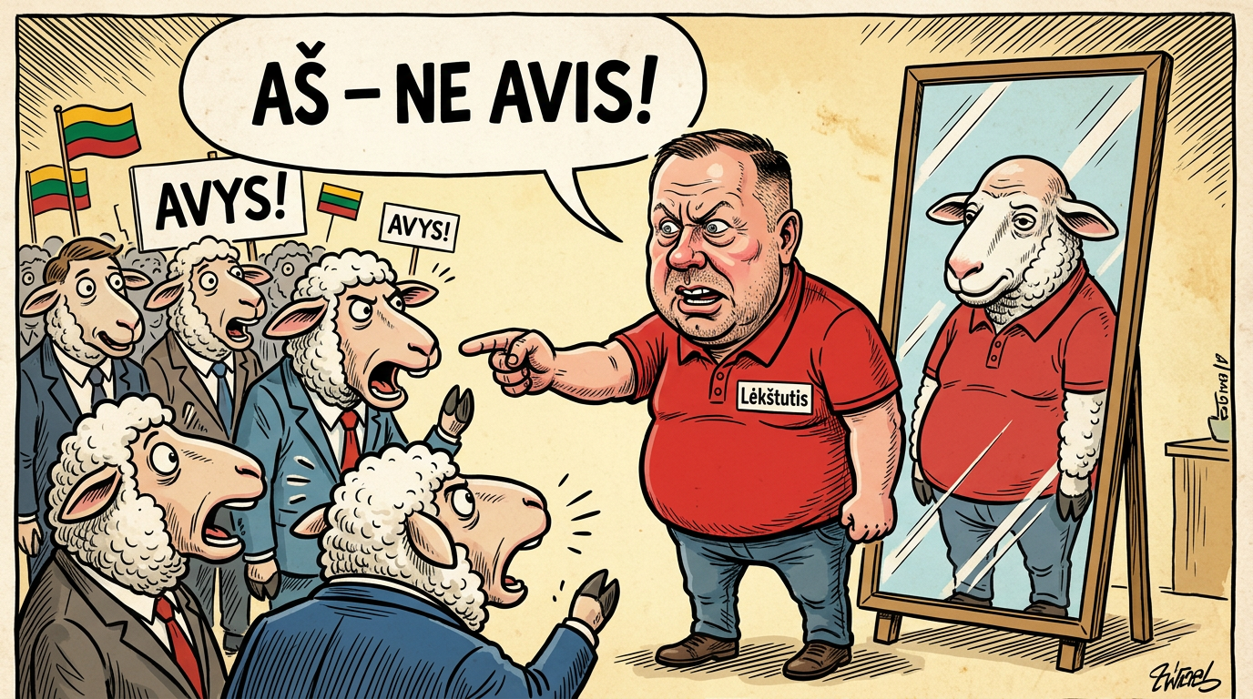 Karikatūra: Lėkštutis pirštu rodo į avis, o veidrodyje – jis pats kaip avis