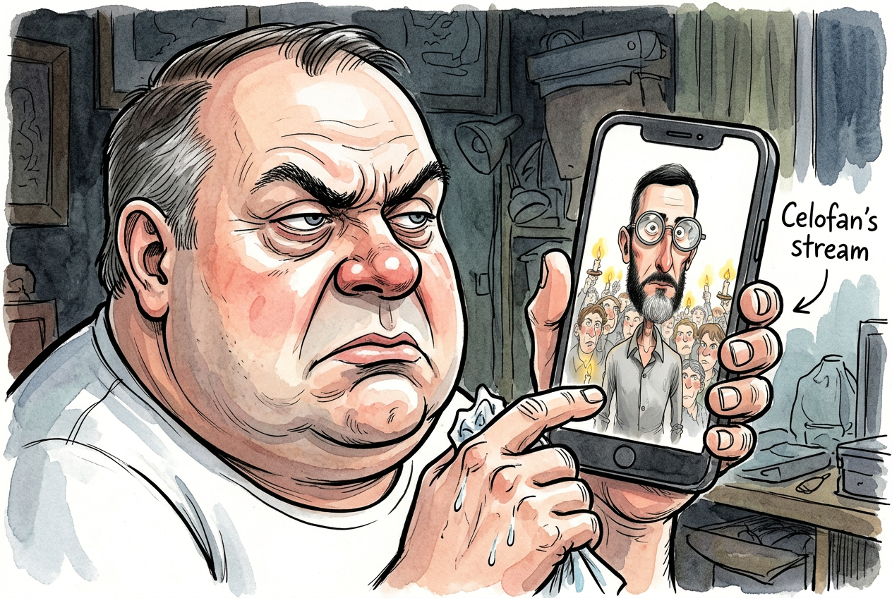 Karikatūra: Lėkštutis pavydžiai stebi Celofano minią pro užuolaidą