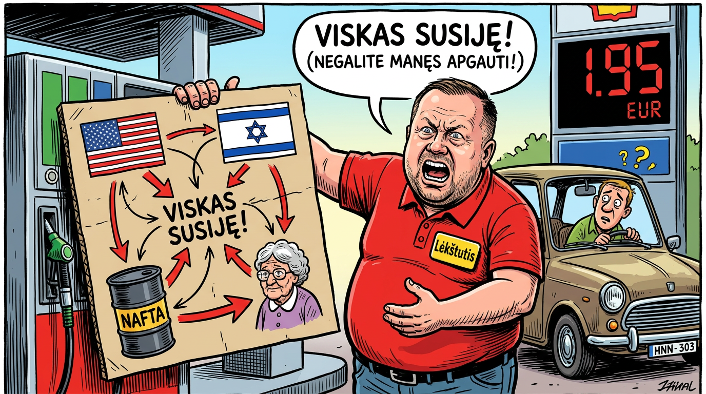 Karikatūra: Lėkštutis degalinėje su didele sąmokslo schema