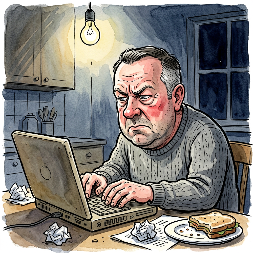 Karikatūra: Lėkštutis naktį virtuvėje rašo straipsnį „Dvasios ubagai“