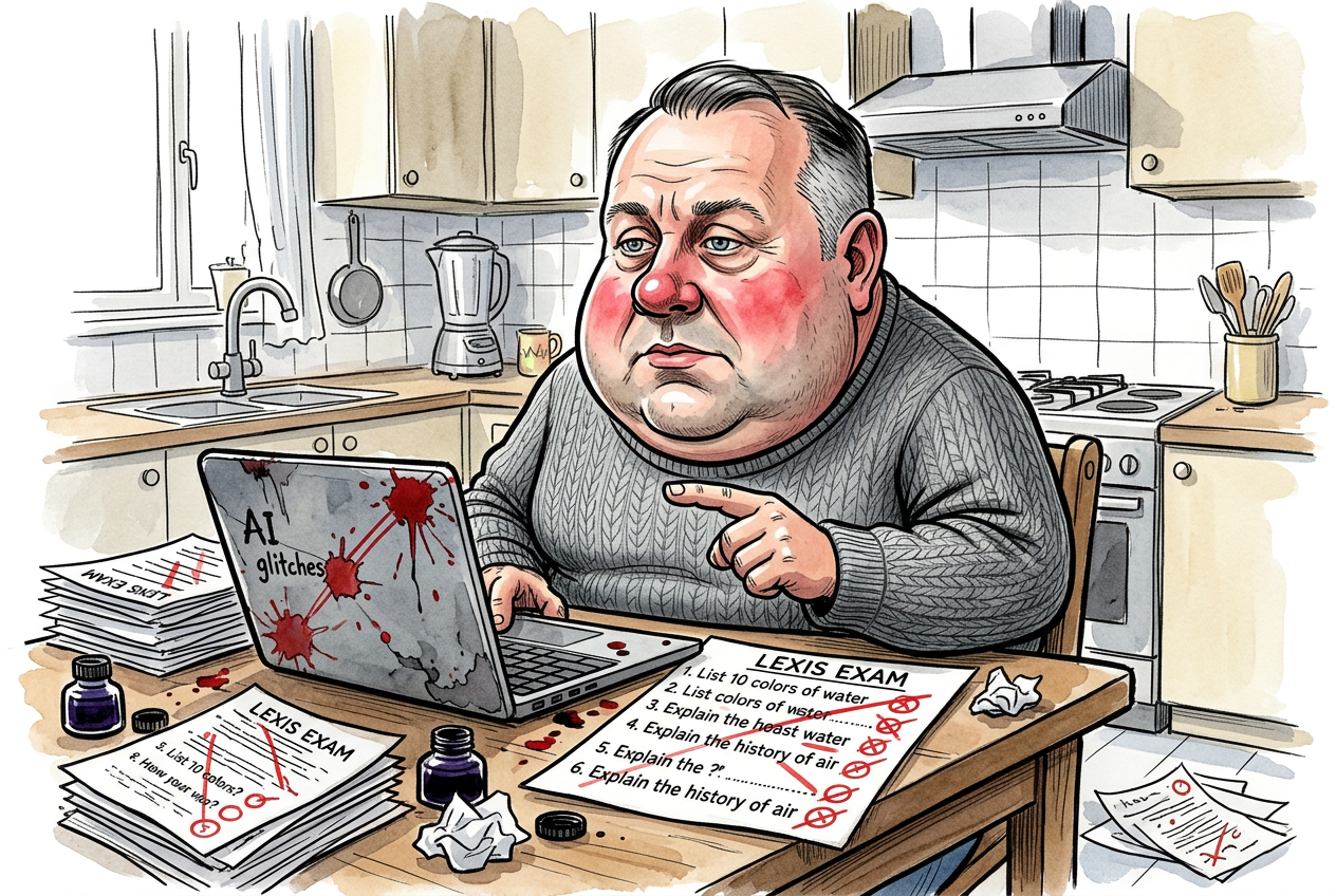Karikatūra: Lėkštutis braukia raudonai egzamino lapą prie nešiojamojo su AI langu