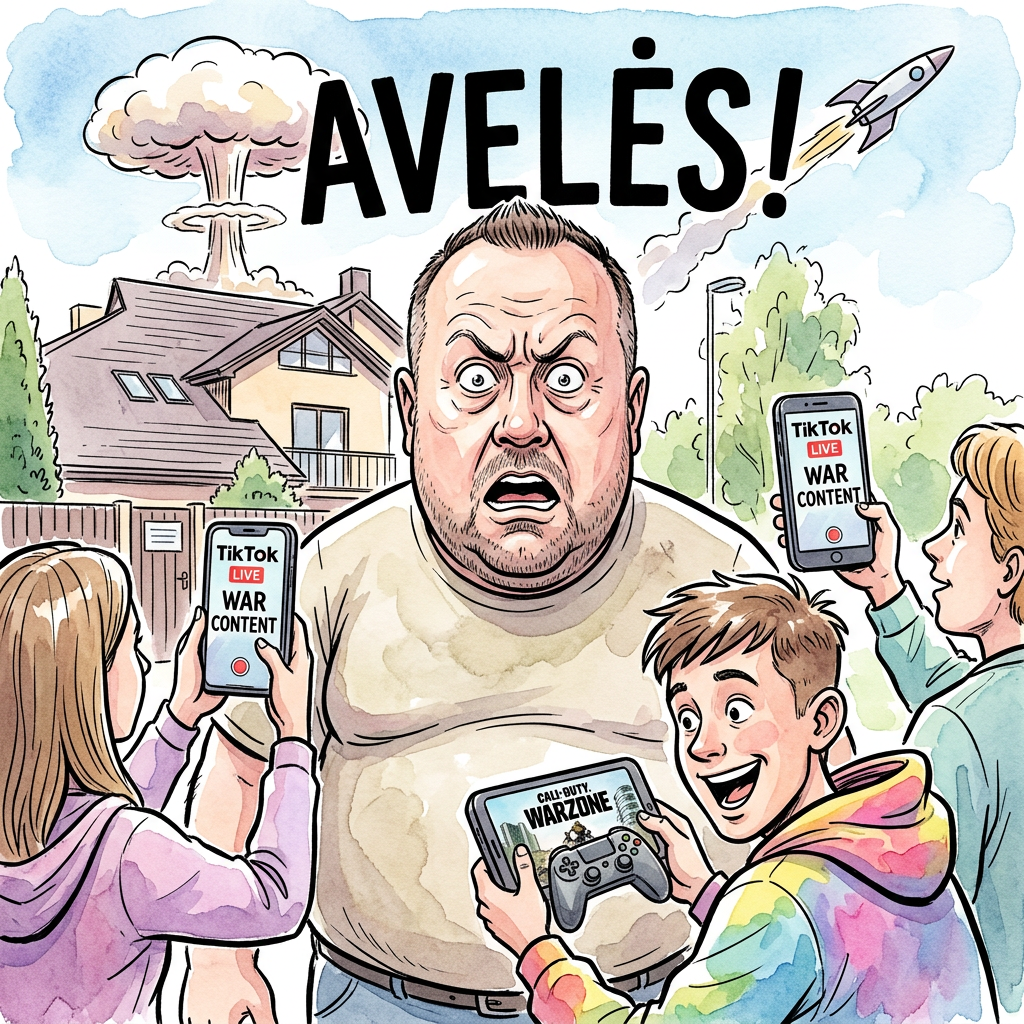 Karikatūra: Lėkštutis apsuptas jaunuolių su telefonais ir žaidimų pultais, fone raketa ir TikTok logotipai, virš galvos užrašas „AVELĖS!“