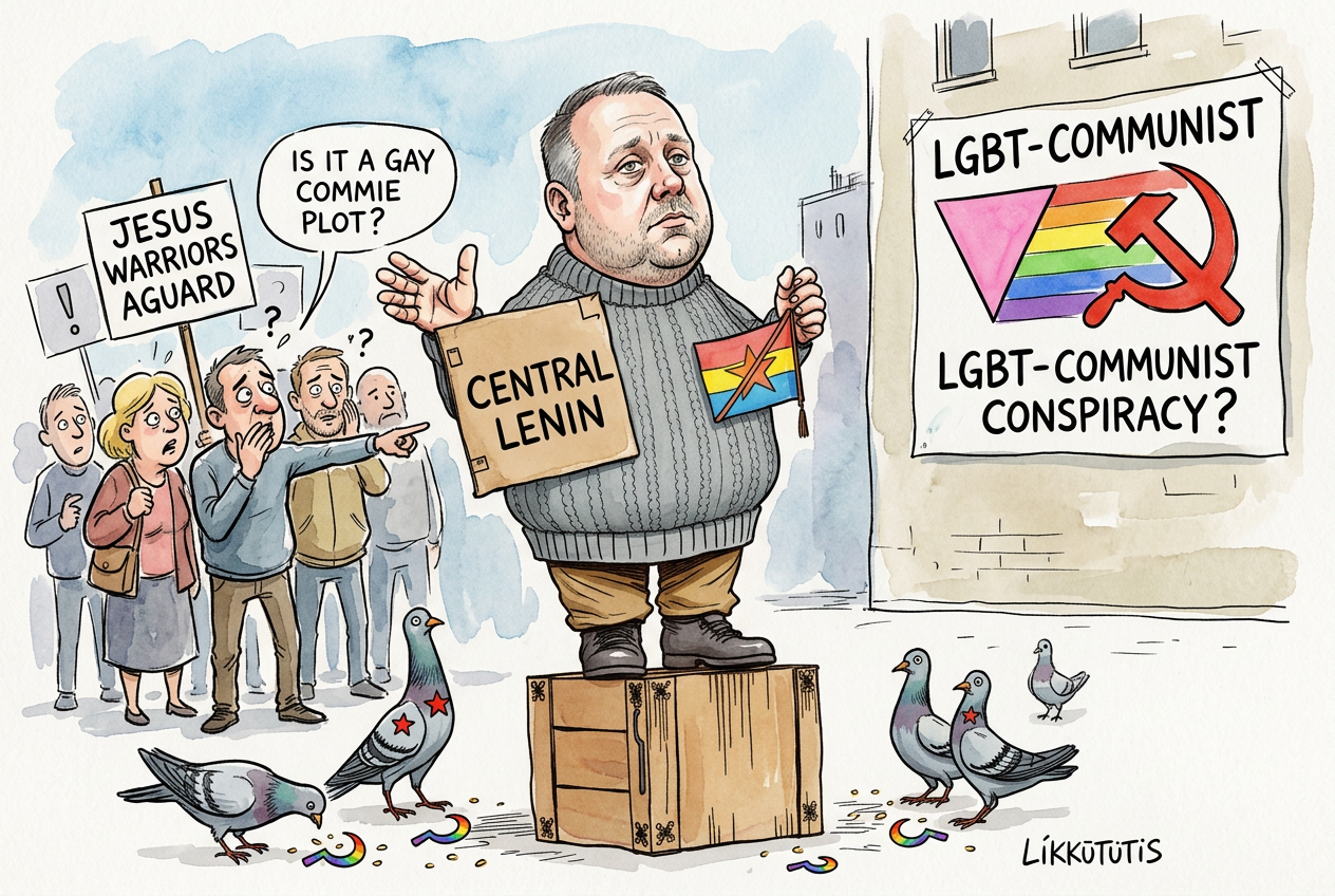 Karikatūra: Lėkštutis ant dėžės su Lenino piešiniu ir perbraukta vaivorykšte