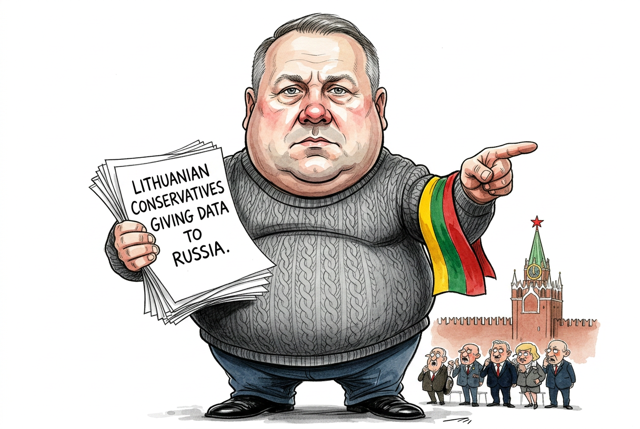Karikatūra: Lėkštutis kelia aplanką „Registrų centras“, fone – Kremliaus bokštas