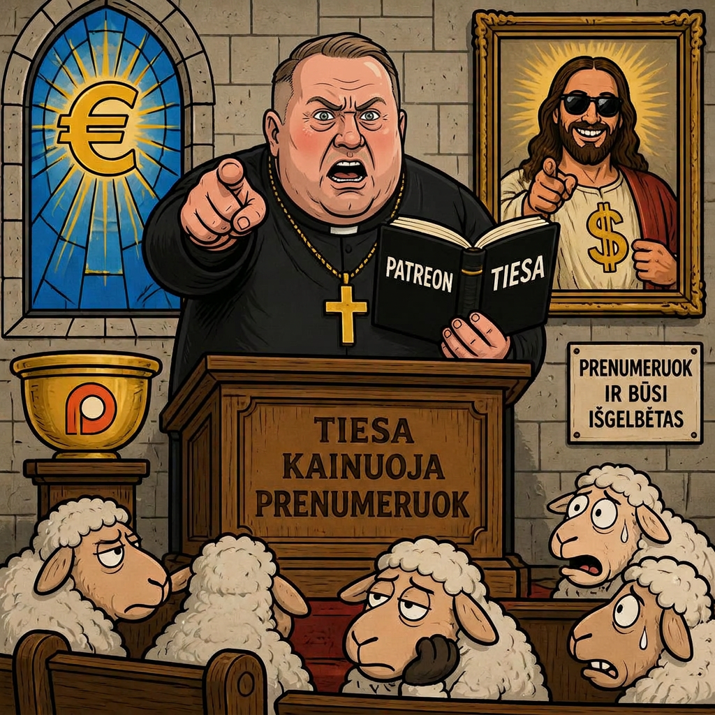 Karikatūra: įniršęs Lėkštutis apsirengęs kunigu, agresyviai rodantis pirštu iš bažnyčios ambonos, laiko knygą „PATREON / TIESA“, fone – euro vitražas, pinigų Jėzus ir išsigandusios avys suolais