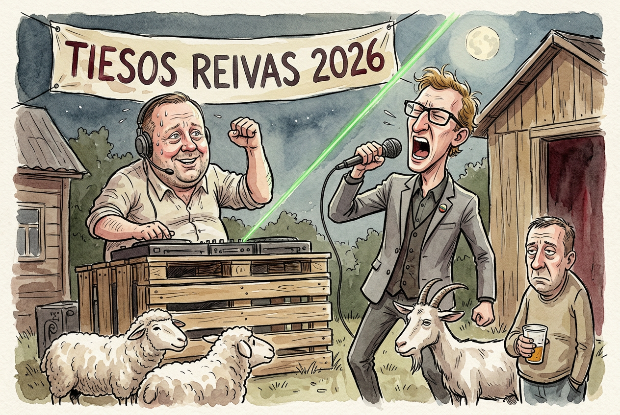 Karikatūra: Lėkštutis su ausinėmis prie DJ pulto iš paletžių, Mindedas su akiniais ir pilku švarku rėkia į mikrofoną, priekyje – avys ir ožka