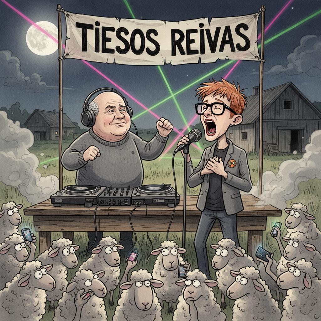 Karikatūra: Lėkštutis prie DJ pulto, Mindedas dainuoja į mikrofoną, publika – avys