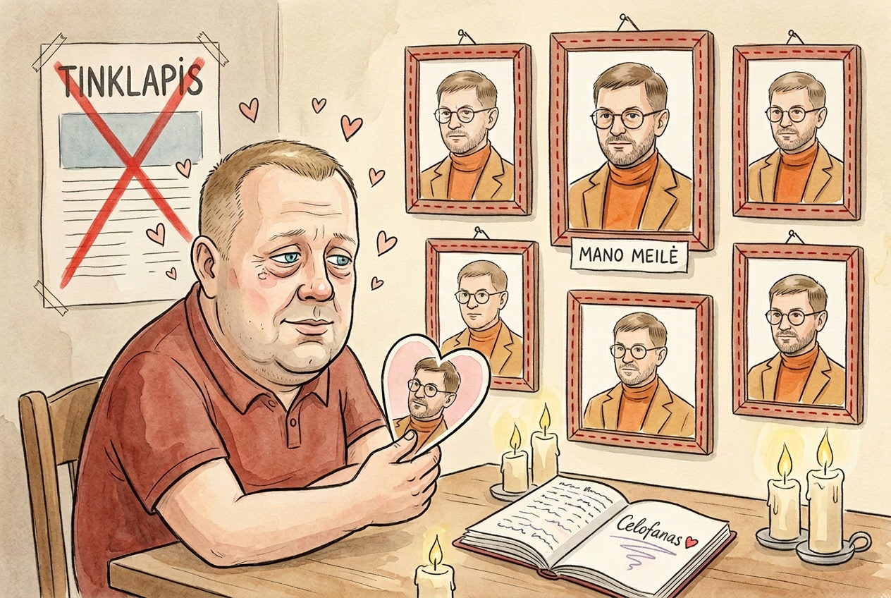 Karikatūra: Lėkštutis žvakių šviesoje sėdi prie stalo, apsuptas Celofano nuotraukų su raudonomis širdelėmis, glaudžia portretą rėmelyje prie širdies, ant sienos – plakatas „TIK NEPAMILK“
