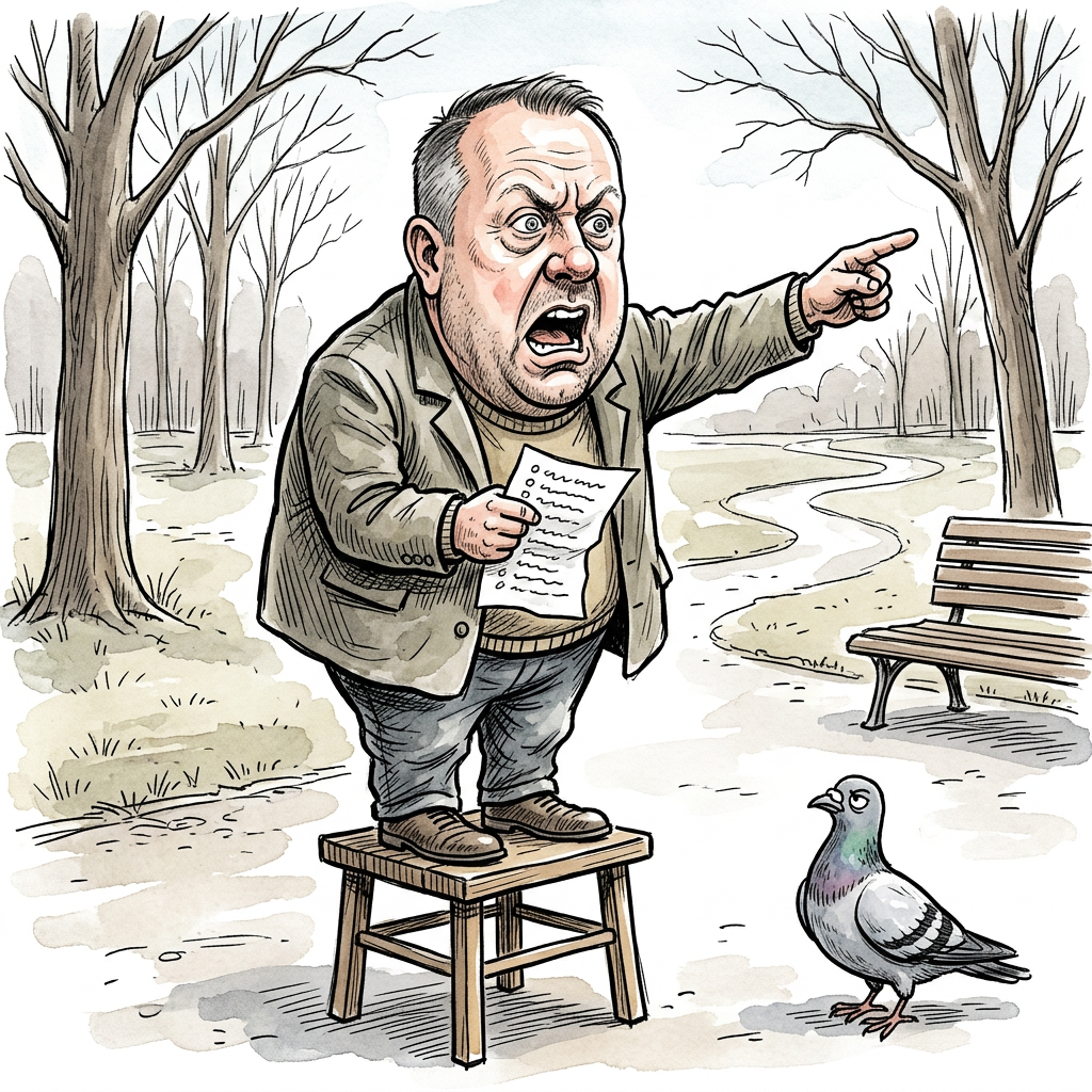 Karikatūra: Lėkštutis ant kėdutės parke skaito „Nevykėlių sąrašą“ vienam balandžiui