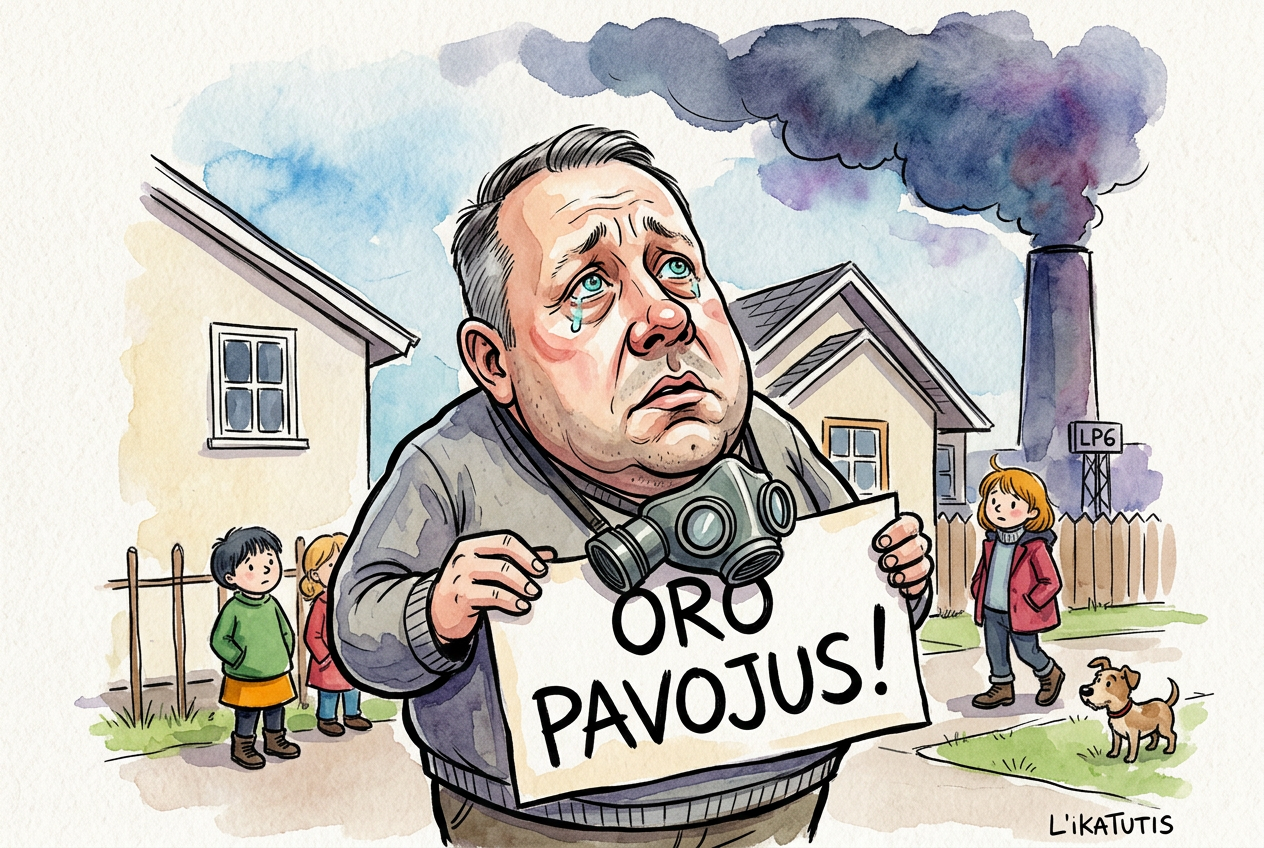 Karikatūra: Lėkštutis su dujokauke prie mokyklos laiko užrašą „ORO PAVOJUS!“