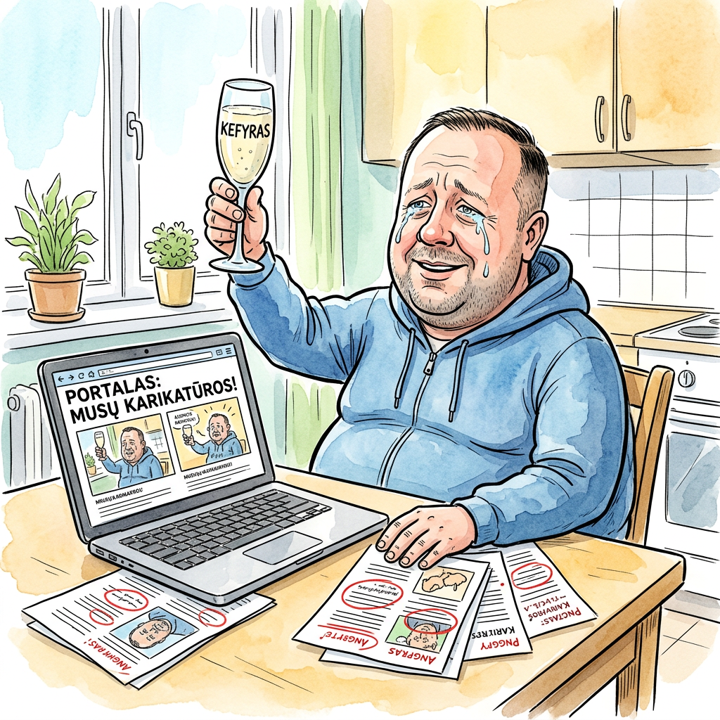 Karikatūra: Lėkštutis virtuvėje prie kompiuterio žiūri į BūsimeVieningi.com puslapį, vienoje rankoje kefyro stiklinė kaip šampanas, ant stalo – išspausdintas portalas su raudonais apibraukimais