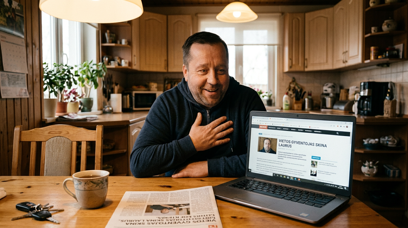 Karikatūra: Lėkštutis virtuvėje prie kompiuterio žiūri į BūsimeVieningi.com puslapį, vienoje rankoje kefyro stiklinė kaip šampanas, ant stalo – išspausdintas portalas su raudonais apibraukimais