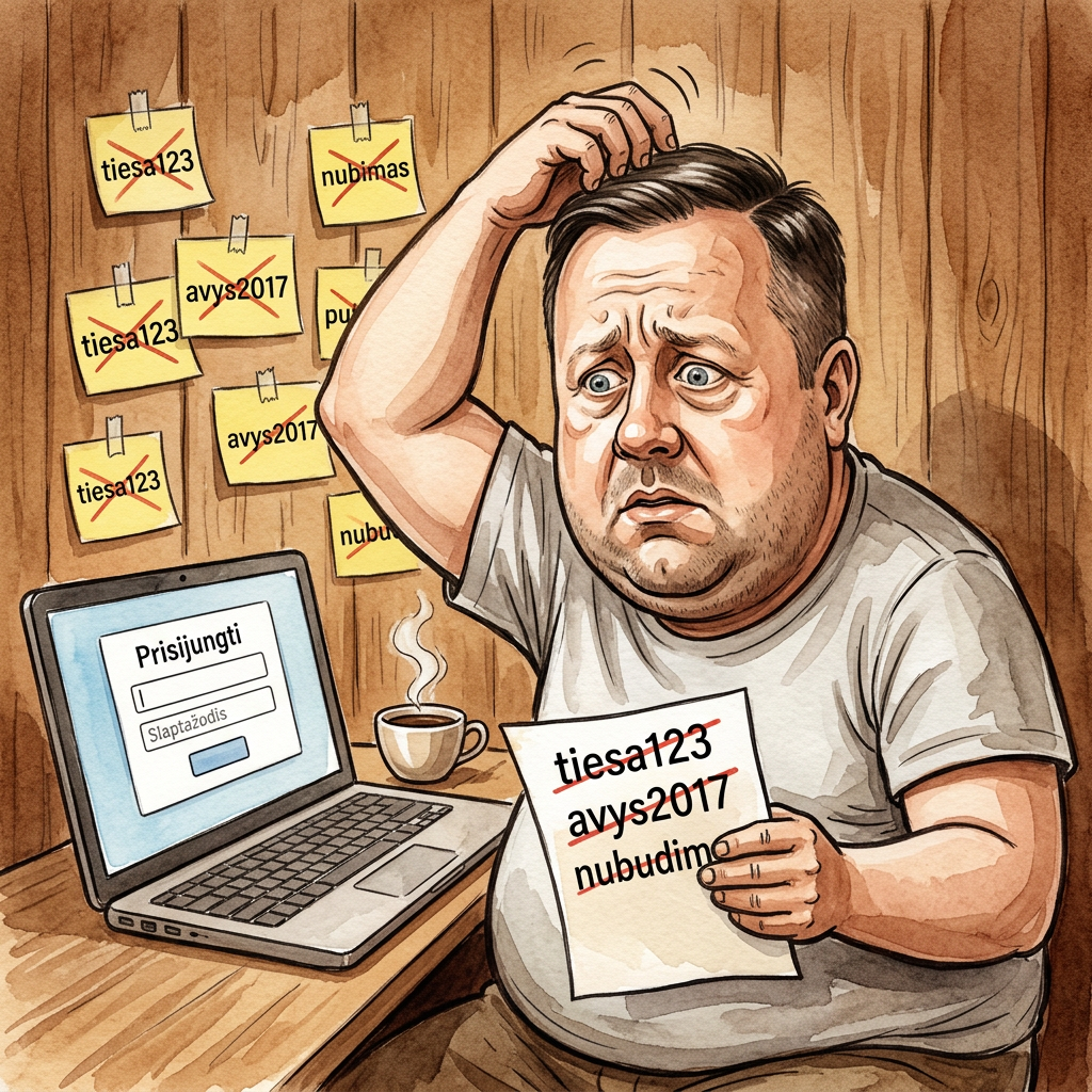 Karikatūra: Lėkštutis prie kompiuterio griebiasi už galvos, aplink suglamžyti lapeliai su išbrauktais slaptažodžiais