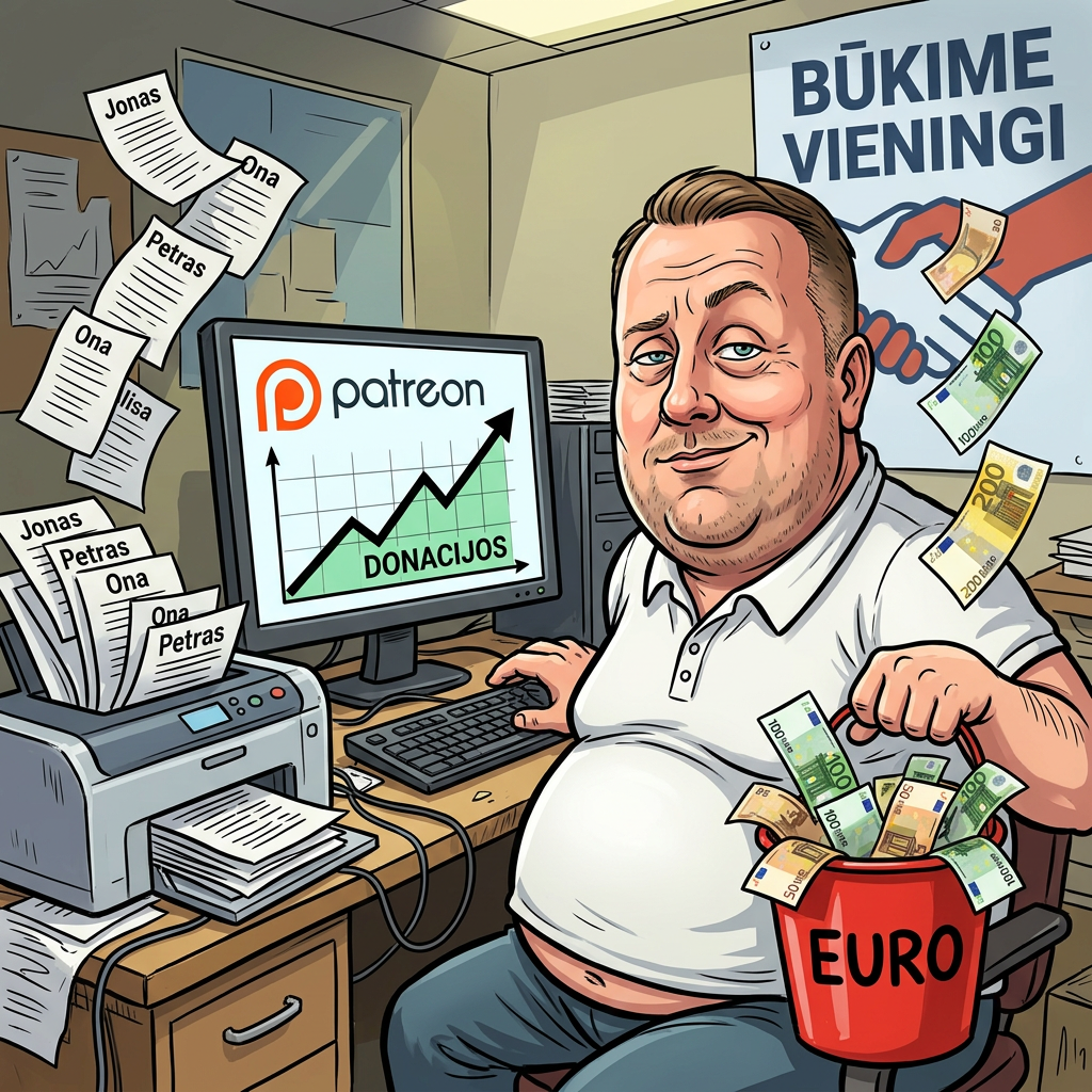 Karikatūra: Lėkštutis sėdi prie kompiuterio su Patreon ekranu ir kylančiu donacijų grafiku, iš spausdintuvo lekia lapai su puolamų žmonių vardais, kita ranka jis semia eurus į kibirą, o fone kabo plakatas „BŪKIME VIENINGI“