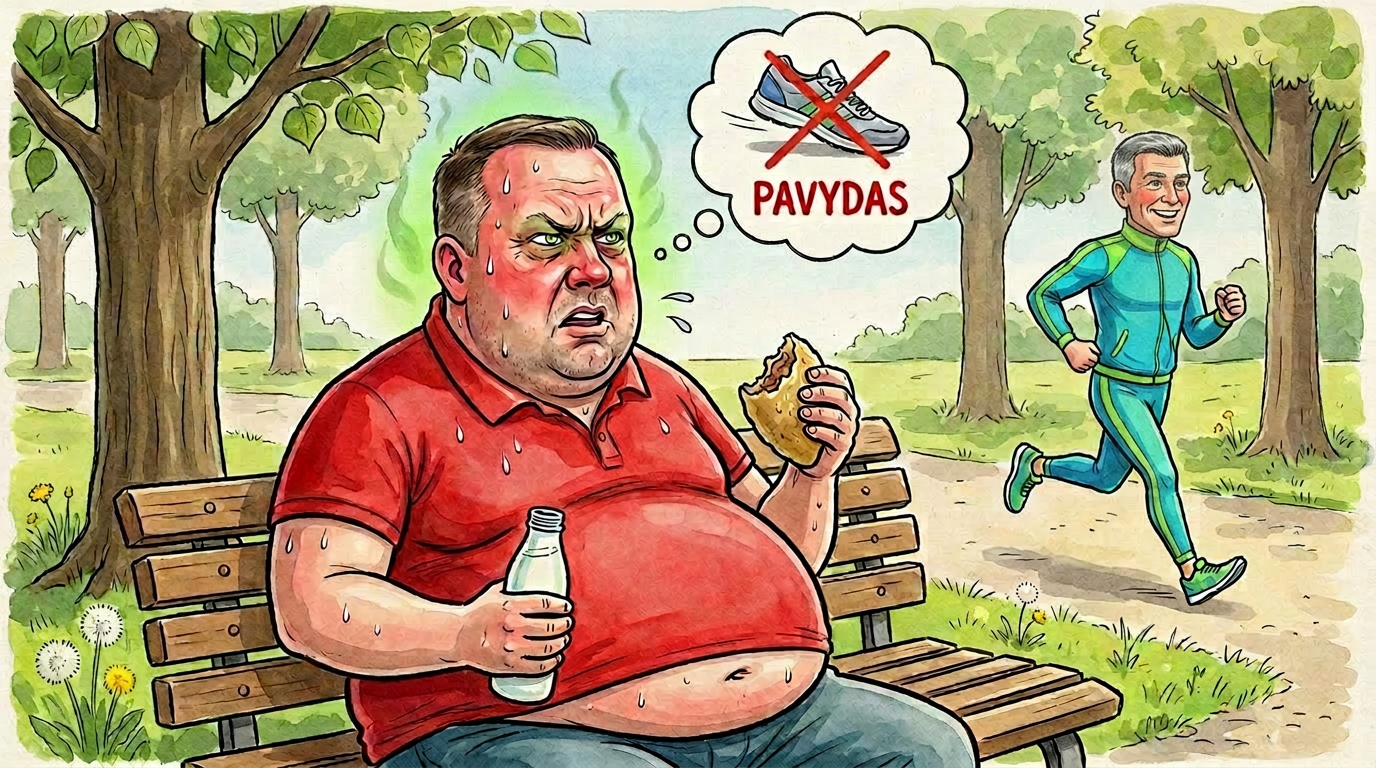 Karikatūra: prakaituotas apkūnus Lėkštutis sėdi ant parko suoliuko su kefyru ir cepelinu, su pavydu žiūri į pro šalį lengvai bėgantį sportišką vyrą, virš galvos – mintis su perbrauktu bateliu ir užrašu „PAVYDAS“