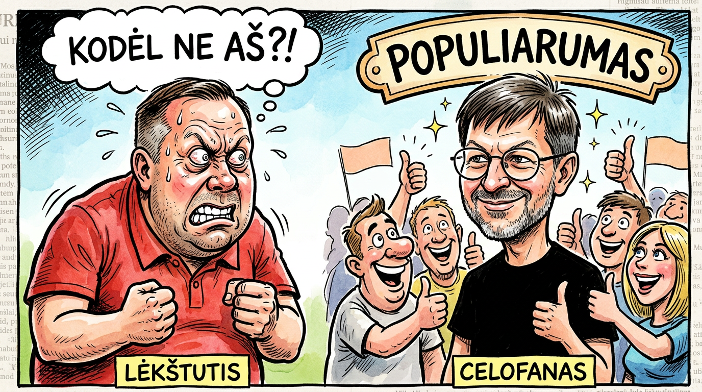 Karikatūra: Lėkštutis iš krūmų stebi populiarų Celofaną minioje