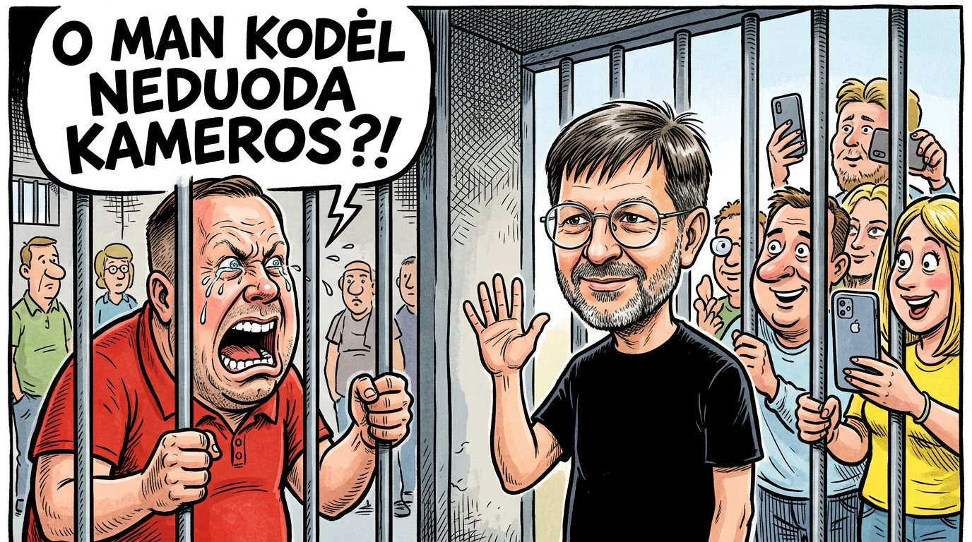 Karikatūra: Lėkštutis ašaroja prie kalėjimo grotų, anapus – populiarus Celofanas