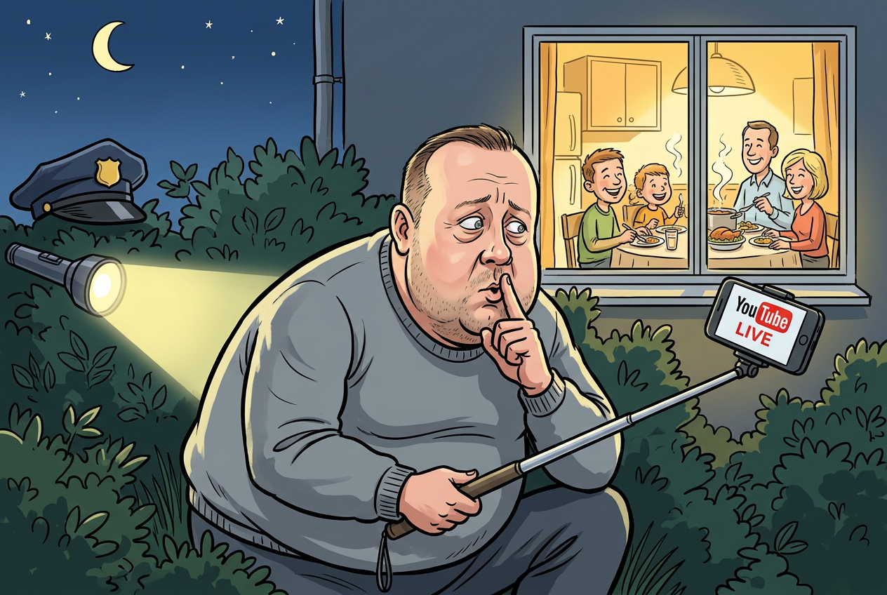 Karikatūra: naktį krūmuose tupi apkūnus vyras pilku megztiniu su selfio lazda ir telefonu „YouTube LIVE“, šalia – policininko kepurė ir žibintuvėlio spindulys, pro langą matosi ramiai vakarieniaujanti šeima