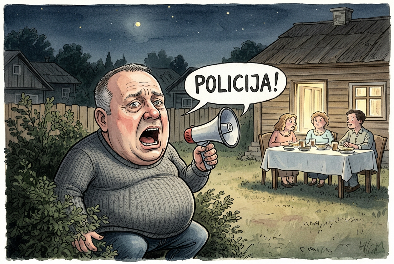 Karikatūra: Lėkštutis naktį krūmuose su selfio lazda šaukia „POLICIJA!“, o pro langą matosi ramiai vakarieniaujanti šeima