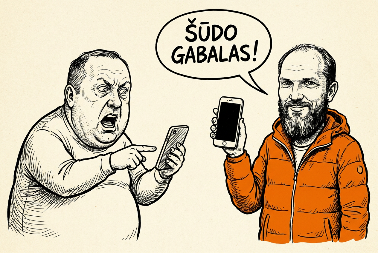Karikatūra: Lėkštutis pyksta ant Ragelskio rodydamas pirštu, o šis ramiai laiko išjungtą telefoną