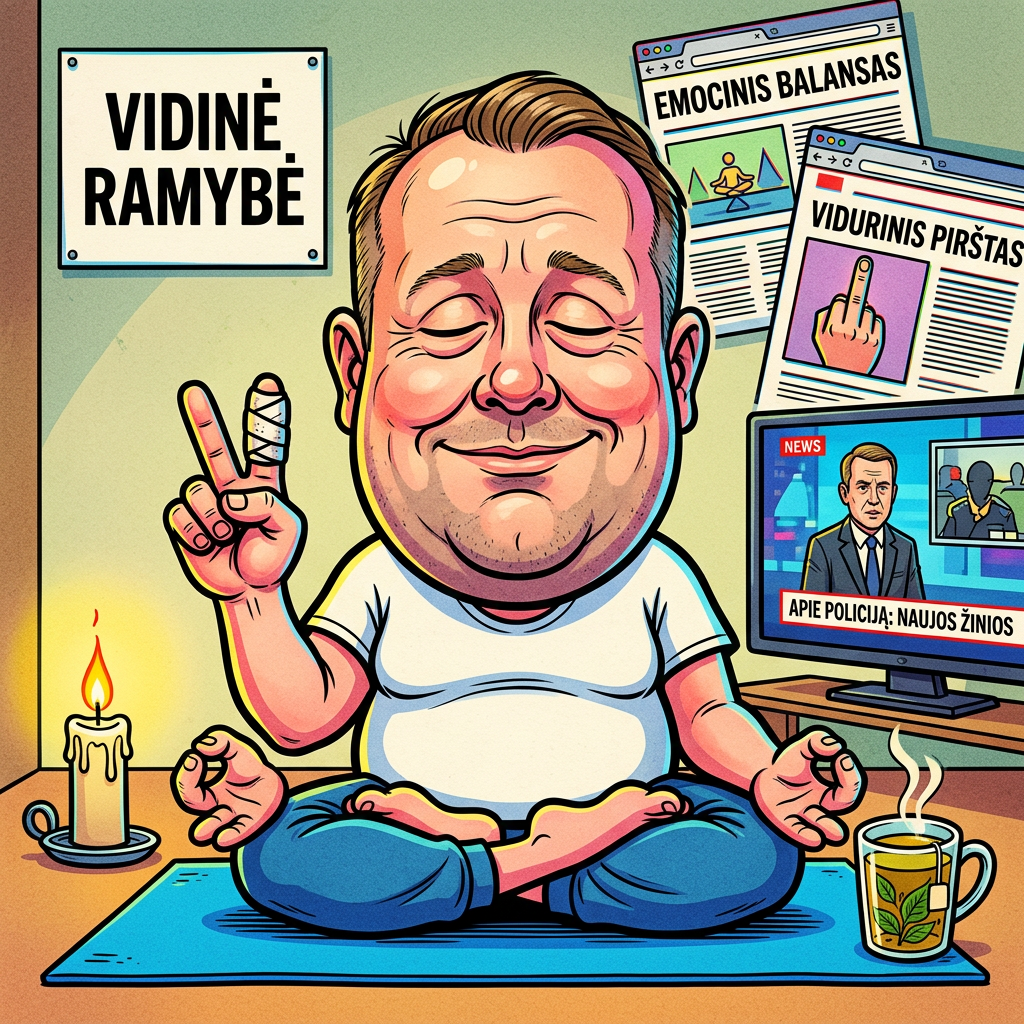 Karikatūra: Lėkštutis lotoso poza su žvake ir arbata po užrašu „VIDINĖ RAMYBĖ“, o viena ranka pakelta su viduriniu pirštu, fone – portalo puslapiai „Emocinis balansas“ ir „Vidurinis pirštas“