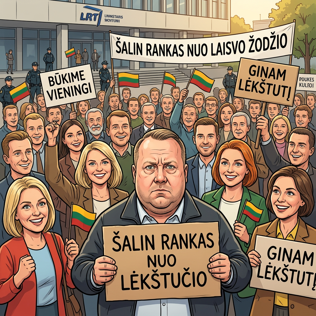 Karikatūra: Lėkštutis priekyje laiko kartoninį plakatą „ŠALIN RANKAS NUO LĖKŠTUČIO“, fone – tikras LRT gynėjų protestas su plakatu „ŠALIN RANKAS NUO LAISVO ŽODŽIO“