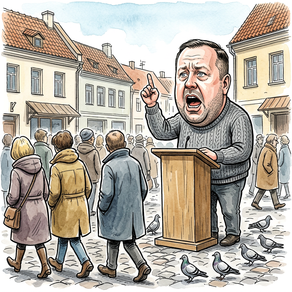 Karikatūra: Lėkštutis kalba per tribūną, visuomenininkai iš jo nusisuka