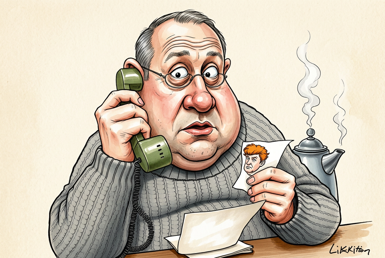 Karikatūra: Lėkštutis spaudžia telefono ragelį, ant servetėlės – Trumpo piešinys