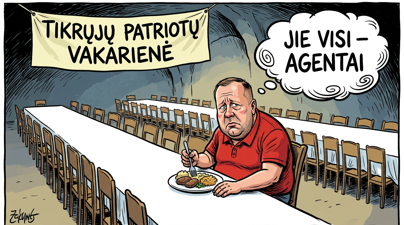Karikatūra: Lėkštutis sėdi vienas prie ilgo stalo, pro langą linksminasi „kieti“ vyrai