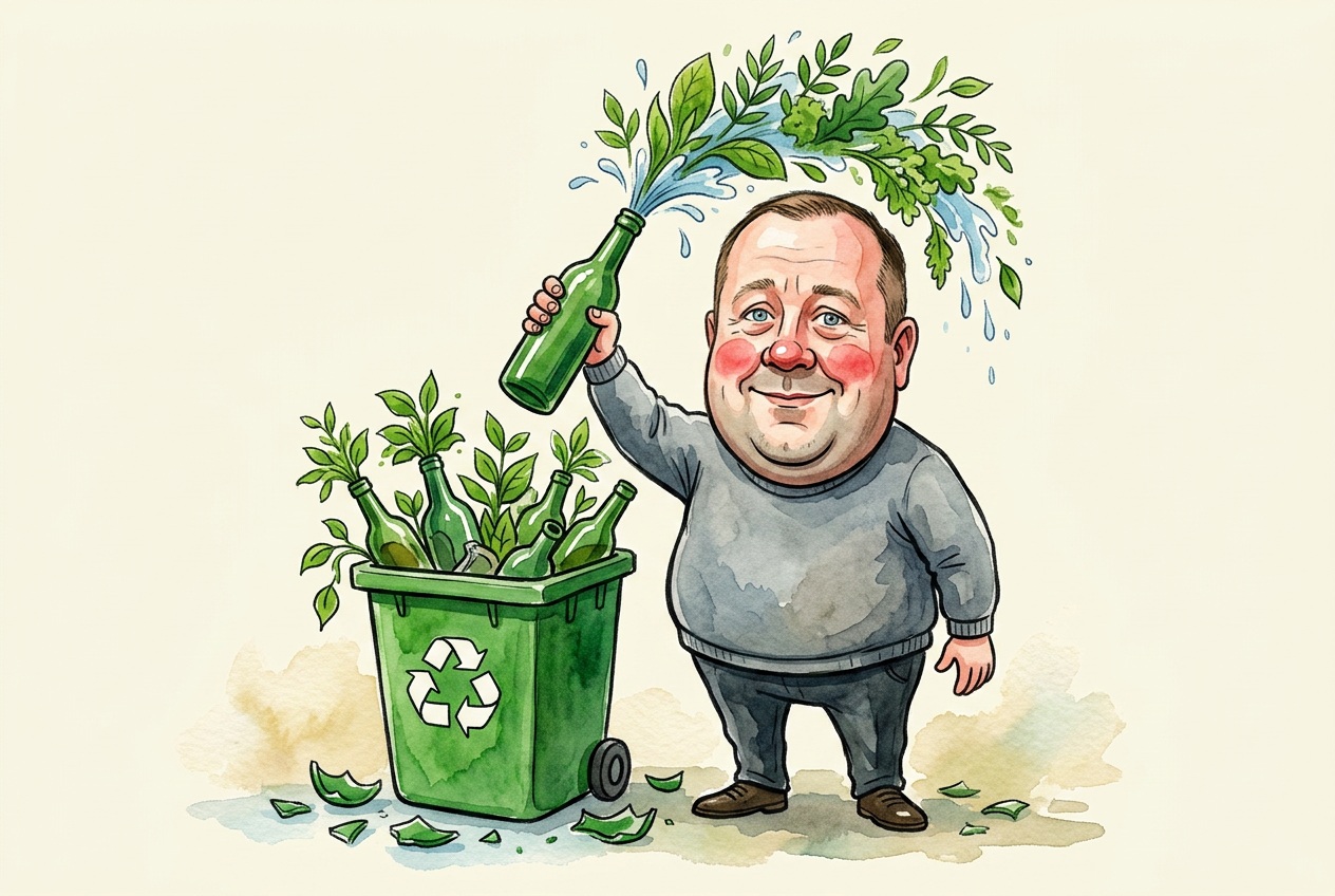 Karikatūra: Lėkštutis viena ranka kaltina žalią butelį, kita – iš jo geria