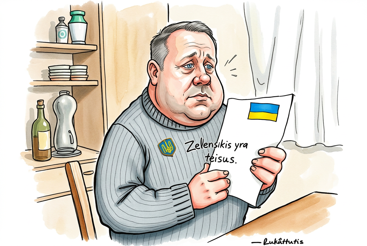 Karikatūra: Lėkštutis su ašara akyse rašo lape „Zelenskis yra teisus“